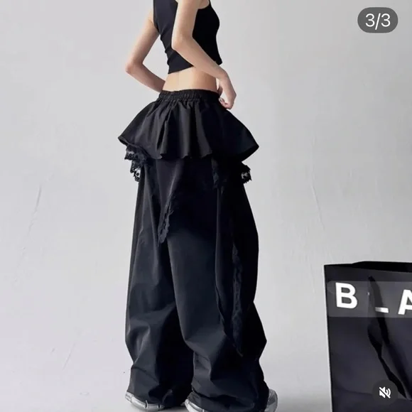 Street Y2K Punk Nylon & Lace Skirt Wide Leg Pants Combo Black S Whimsigoth - Picture 4 of 16